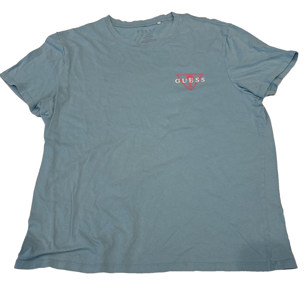 Guess Men's Crew Neck T-Shirt Size L Blue Short Sleeve Cotton Solid Knit Logo